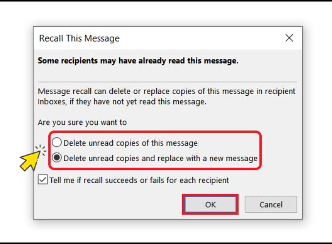 Chọn Delete unread copies and replace with a new message để thu hồi email outlook đã gửi và thay thế bằng thư mới (Nguồn: Internet)