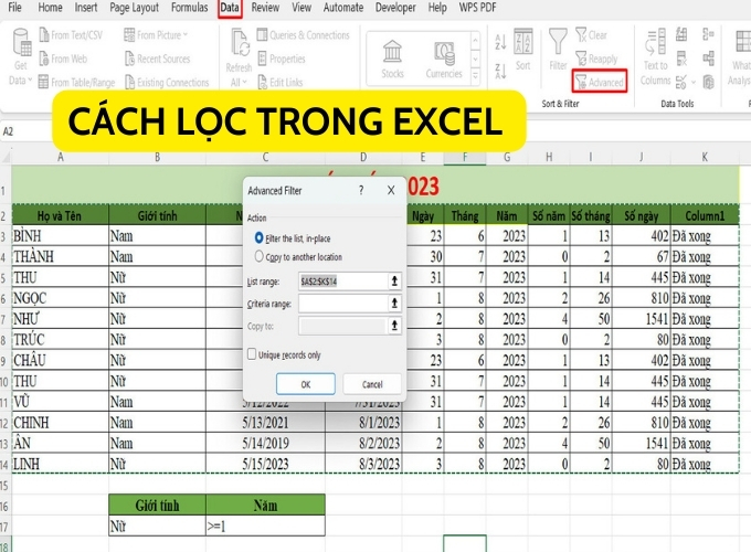 Cách lọc trong Excel