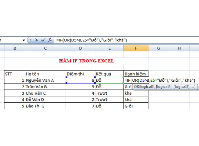 Cách xếp loại trong Excel trong hàm IF