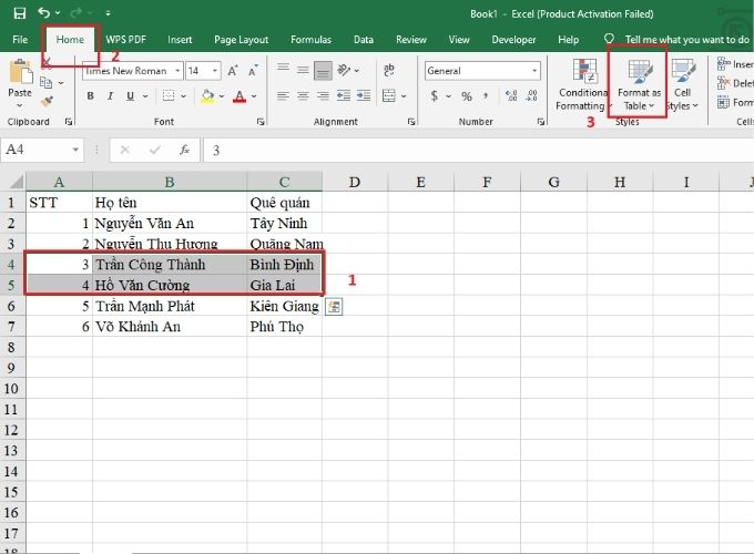 Chọn vùng giữ liệu, nhấn tab Home > chọn Format as Table