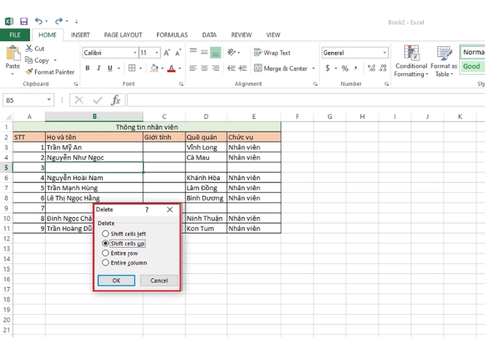 Cách xóa ô trong Excel bằng chuột phải