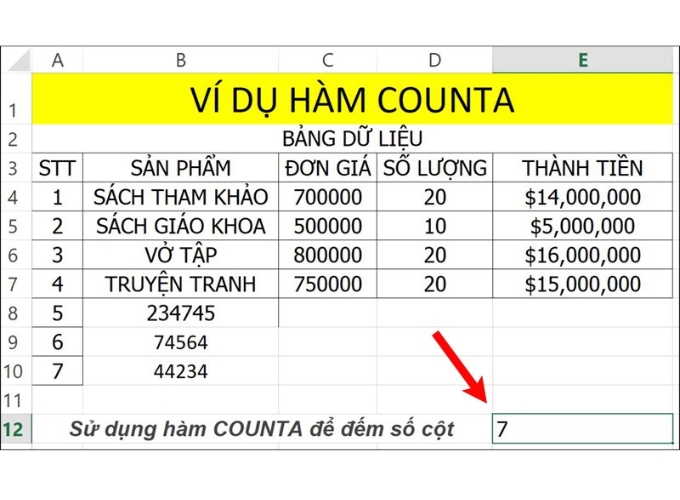 Cách đếm số lượng trong excel qua hàm COUNTA