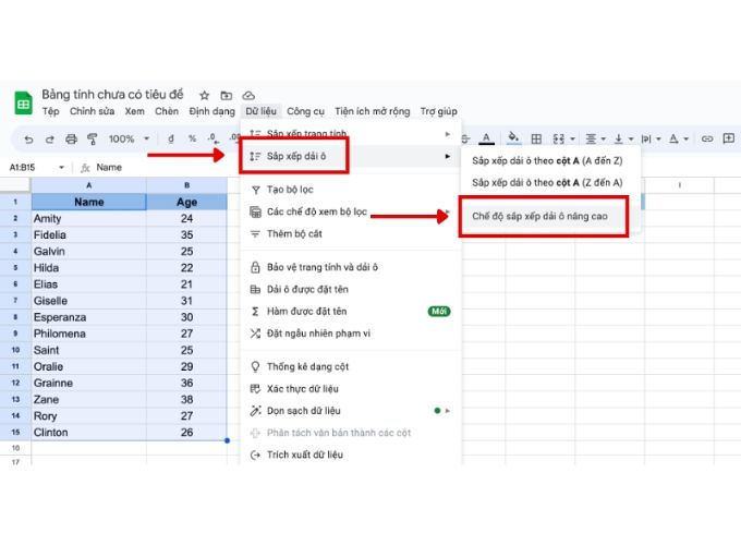 cách sắp xếp tên theo ABC trong Google Sheet