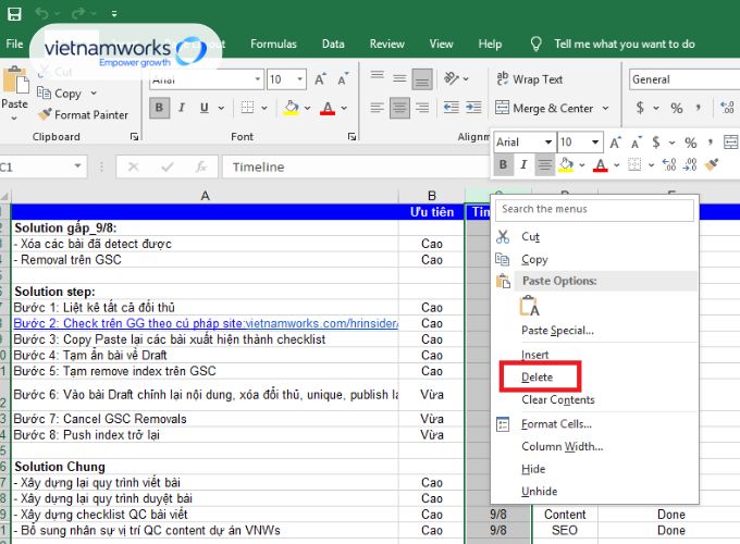 Cách xóa cột từ menu chuột phải trong Excel
