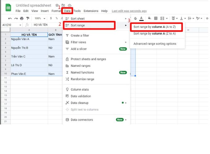 Sắp xếp dữ liệu và xóa dòng trống trong Google Sheet