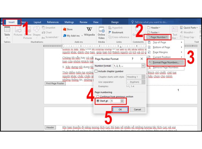 Cách đánh số trang trong Word bắt đầu từ số lớn hơn 1