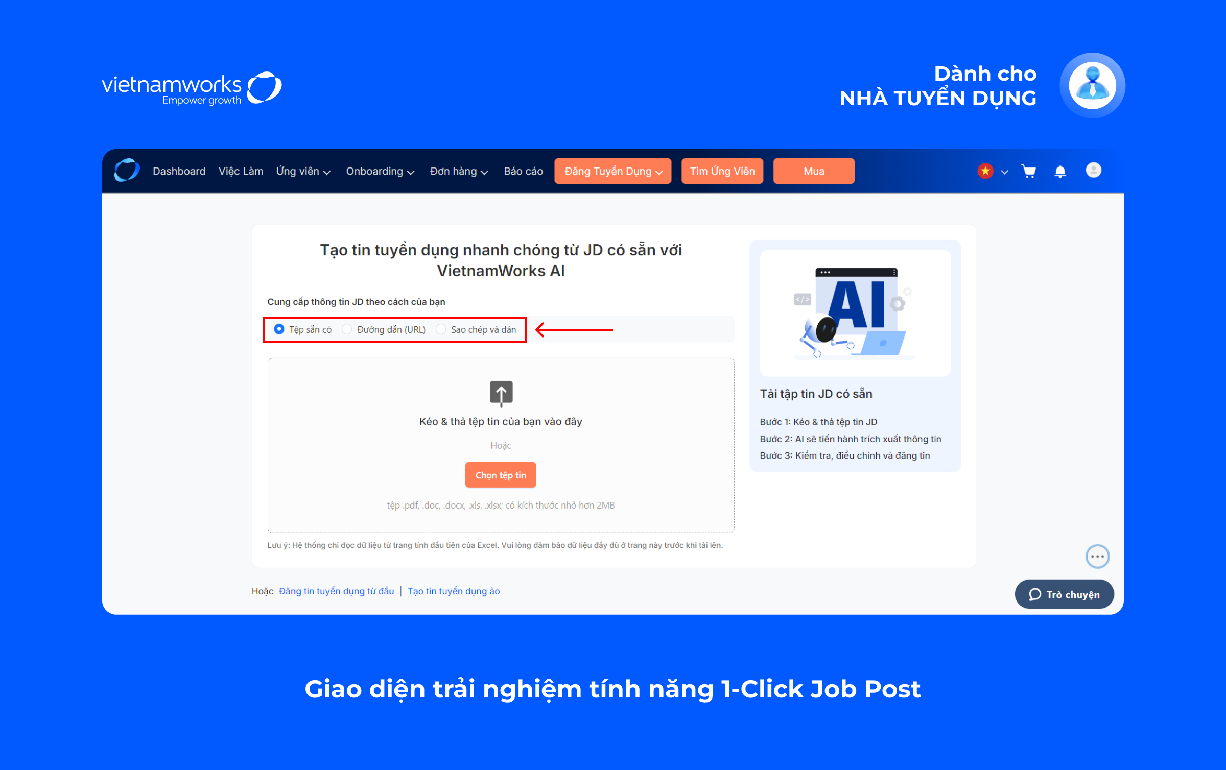 Giao diện trải nghiệm tính năng 1-Click Job Post