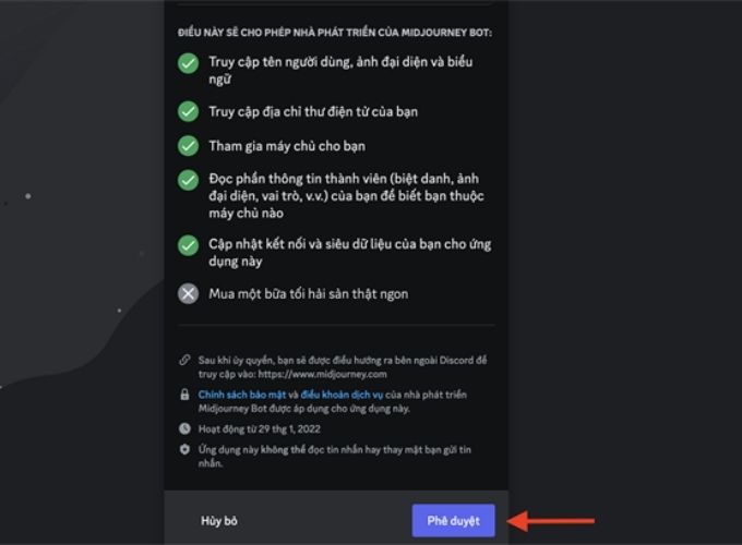 Cấp quyền truy cập Midjourney bằng cách nhấn vào nút “Phê Duyệt”