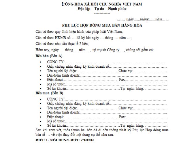 Mẫu phụ lục mua bán